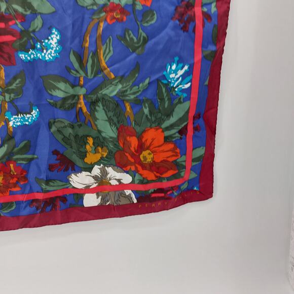 Perry Ellis Silk Floral Flower Scarf 35x35 Japan Red Blue - Picture 8 of 12